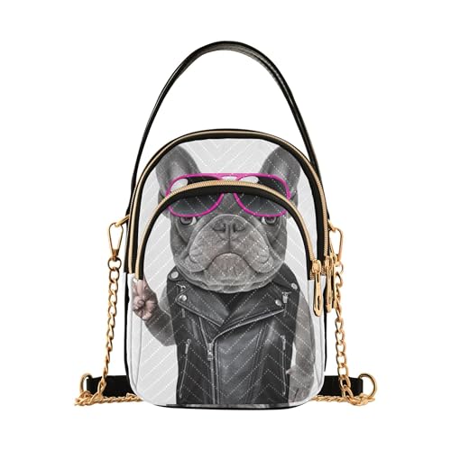 Funny French Bulldog White Women over Shoulder Purse Quilted Cell Phone Purse Chain Strap Cute Zipper Satchel Crossbody Tote