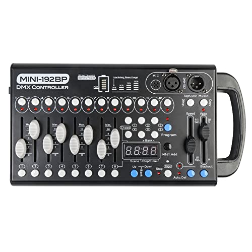Dmx Controll Lichtmischpult Dmx Controller Eingebaute Batterie 192 Kanäle Dmx Konsole, Lichtmixer Dmx 512 Controller Musikgesteuert Akku Lichtpult Dmx Pult für Moving Head Partylicht Dmx Controler