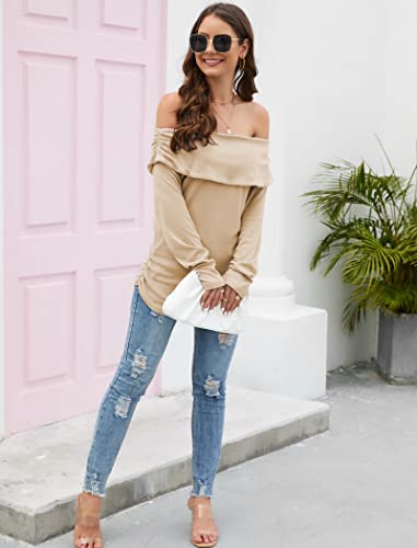Famulily Women Sexy Off Shoulder Long Sleeve T-Shirt Basic Slim Fit Tops For Fall Beige Xl #TOP4