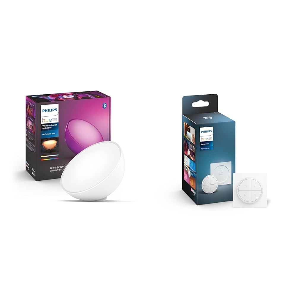 Philips Hue - Lámpara de mesa inteligente Hue Go, Luz Blanca y de Colores, Portátil, con batería, Compatible con Alexa y Google Home, blanca & Interruptor Tap blanco instalación sin cables, Bluetooth