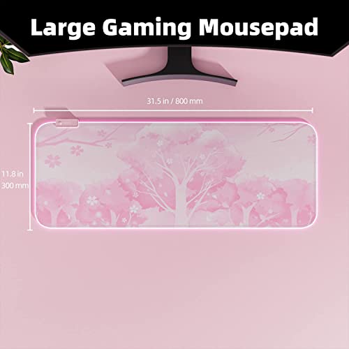 Pink RGB LED Gaming Mouse Pad, 14 Modes Glow Pad, Extra Large Gaming Mousepad,Waterproof Rubber Non Slip Cute Sakura Mat, Extended Big Keyboard and Mouse Pad Mat for Gamer Office Home, XXL 800×300×4mm