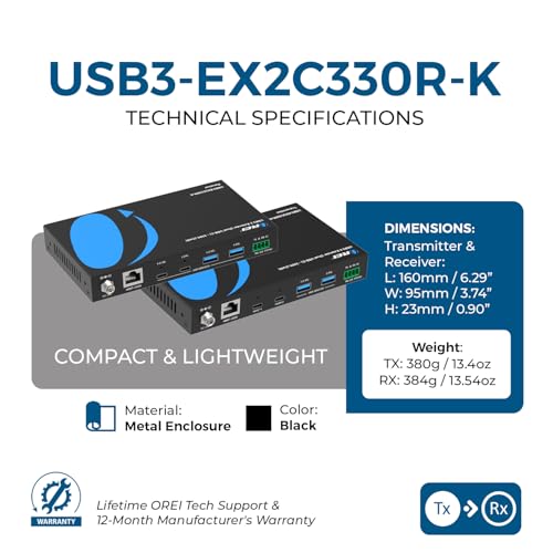 Image of OREI USB 3.2 Over Ethernet HDbaseT Cat6 Extender LAN Upto 330 Feet - Dual Host Extends 2X USB-C / 2X USB-A Signal Over LAN Ethernet - RS-232, PoC, Supports All Operating System