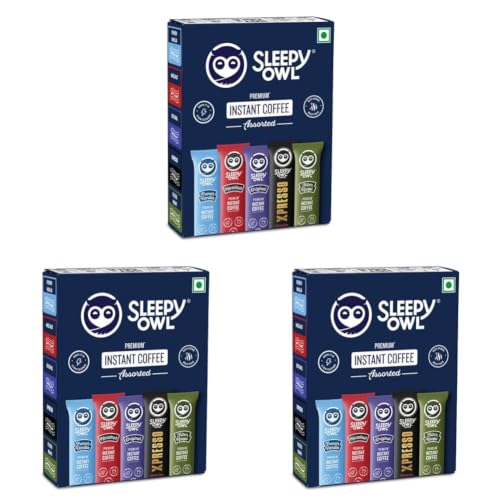 Image of Sleepy Owl Pack of 30 Premium Instant Coffee Sachets | 2g Each - Flavoured Coffee Pouch | 5 Delicious Flavours - Original /Hazelnut /French Vanilla /Filter Coffee /Xpresso | Travel Pack - Easy to Use & Carry | Makes 10 Cups