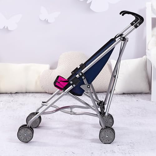 Bayer Design 30113AA Puppenbuggy, Puppenwagen, Doppelräder, Gurt, leicht faltbar, aus Metall, Blau/Pink