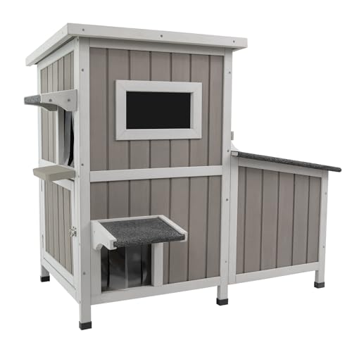 Cat House Outdoor Cat Shelter for 2-3 Feral Cats Two Story Wooden Cat Houses for Outside Cats Weatherproof in 3 Rooms,with Asphlat Roofs 3 Escape Door