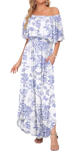 Image of AUSELILY Womens Off Shoulder Ruffle Split Summer Maxi Dresses with Pockets | Off-shoulder Ruffle dress with empire waist & side split for summer beach and casual parties