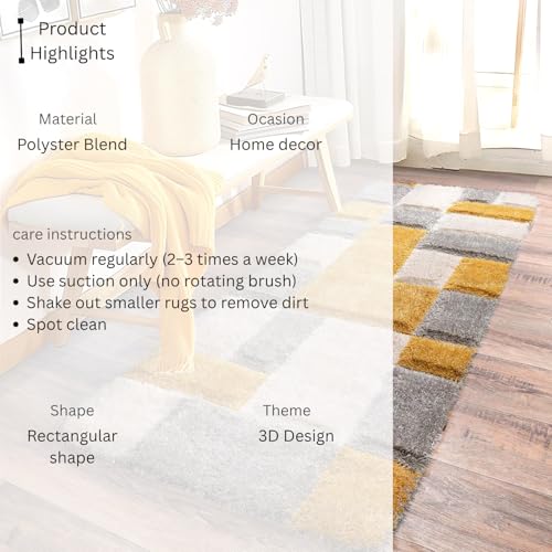 Image of 1.5x3 feet Soft Runner Rug for Living Room and Bedroom, Modern Indoor Floor Carpet with Non-Slip Backing, Comfortable Home Decor Rug, Easy Clean & Durable- (3D Yellow B, Rectangular)