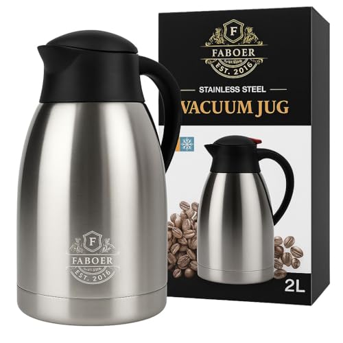 Faboer 2 Litre Insulated Vacuum Jug Stainless Steel Coffee Tea Carafe Double Walled Insulated Jug Hot & Cold Drinks Vacuum Pot (2 Litre)