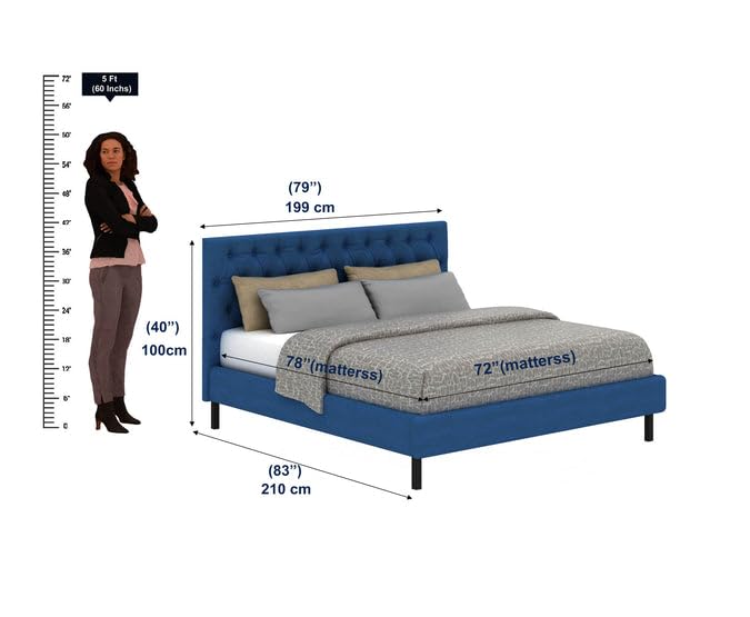Image of Ganpati Arts Sheesham Wood Fabrio Upholstered King Size Bed Without Storage and Tufted Headboard | Durable Wooden Double Bed Cot Palang for Bedroom, Hotels and Home Furniture (Blue-1 Year Warranty)