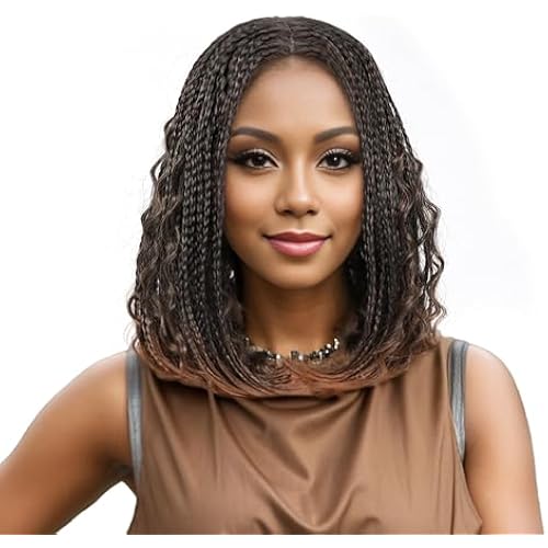 Braids Wigs for Black Women Bob Braided Wig with Free Tress 14 Inch Curly Goddess Box Braids Wigs Synthetic Hair #30 Brown Color Fake Scalp Short Bob Wigs