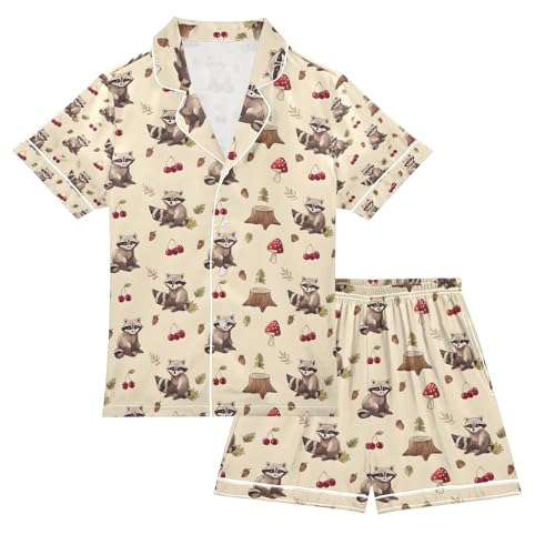 senya Brown Bear with Cherry Satin Summer Pajama Sets Silk Short Sleeve Button Down Sleepwear