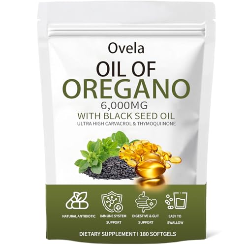 Ovela Oil of Oregano with Black Seed Oil, Oil of Oregano Softgels, 6000mg Pure & Natural Supplement, Immune Support | Improving Gut Health | Boosts Energy, Non-GMO, Gluten Free (1)