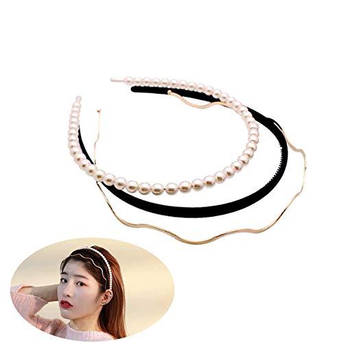 Headbands Hair Bands for Women Girls - Pearl Headwear Hairbands Metal Hair Band Hoop Accessories for Wedding Party 3pcs