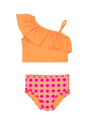 Image of RuffleButts Girls UPF50+ Sun Protection One Shoulder Ruffle Tankini Two Piece Swimsuit