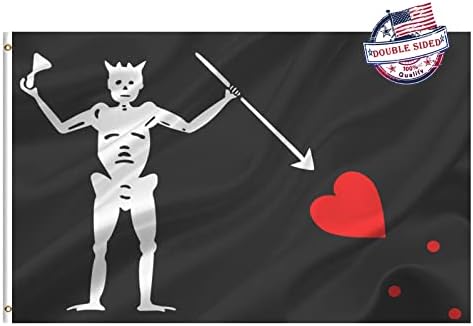 Mosprovie BlackBeard Edward Teach Pirate Flag 3x5 Outdoor Double Sided- Heavy Duty 3ply Black beard the Pirate Flag 3x5 Edward Teach Skeleton Spear Heart Toast to Devil- Edward Teach Pirate Flag- Super Durable 4 Rows Stitched Edge Canvas Header with 2 Brass Grommets