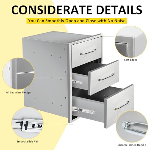 Image of Outdoor Kitchen Drawers 15.7 inch W x 21.6 inch H x 17.7 inch D Flush Mount Triple BBQ Drawers with Chrome Handle Stainless Steel Drawer for Outdoor Kitchen Island, Patio Grill Station