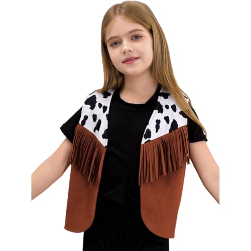 Kids Cowboy Cowgirl Fringe Vest Shiny Gold Star Open Front Waistcoat for Western Party