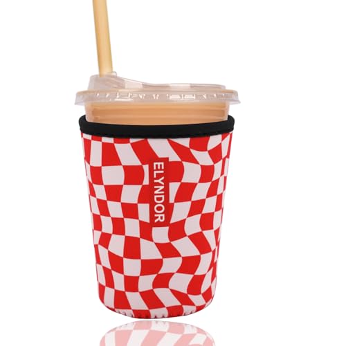 Image of Reusable Insulated Sleeve for Iced Coffee Cup, Coffee Neoprene Sleeve for Cold & Hot Drinks, Beverage Holder for Iced Coffee (Red Wavy Checker, Small: 16-18oz)