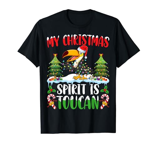 Toucan Wearing Santa Hat Xmas Lights Toucan Christmas Camiseta