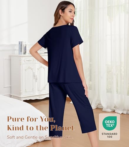 Image of NACHILA Bamboo Viscose Capri Pajamas for Women Cooling Short Sleeve Pjs