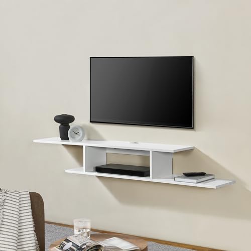 [en.casa] Étagère Murale pour TV Meuble Télévision Flottante Support Écran avec Étagères et Passe-Câbles Panneau de Particules 21 x 150 x 25 cm Blanc