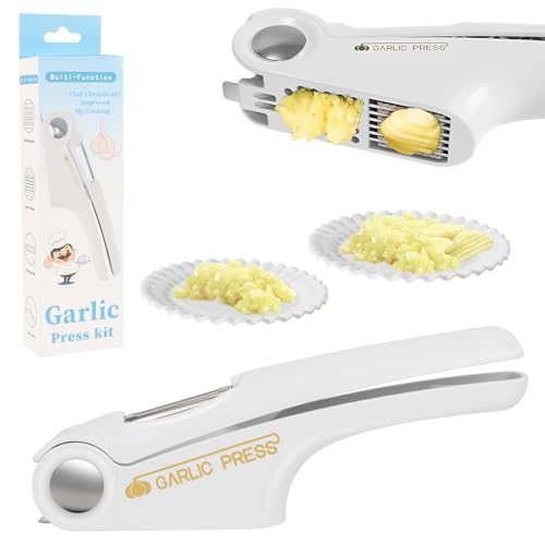 OWill 4-in-1 Garlic Crusher, Multi-Functional Kitchen Garlic Mincer Press Crusher, Heavy Duty Peeler Squeezer Garlic Presser Easy Clean and Durable