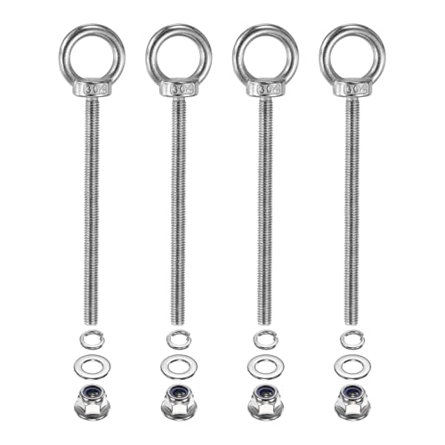 Image of PATIKIL M6 x 90mm Shoulder Eye Bolt, 4 Pcs 304 Stainless Steel Lifting Ring Threaded Eye Bolt with Flange Lock Nuts Spring and Flat Washers for Hanging Tie Down Straps Outdoor Indoor