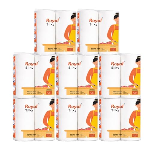 Image of Royal Silky Kitchen Tissue Rolls - 1920 Pulls | 60 Kitchen Towels X 32 Rolls| 2-Ply Soft & Strong Kitchen Paper Towel | Highly Absorbent Disposable Kitchen Tissue | 4 rolls x Pack of 8