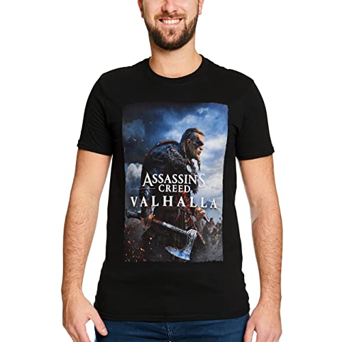 Elbenwald Assassins Creed Valhalla T-Shirt with Eivor Motif for Men Women Unisex Cotton Black - M