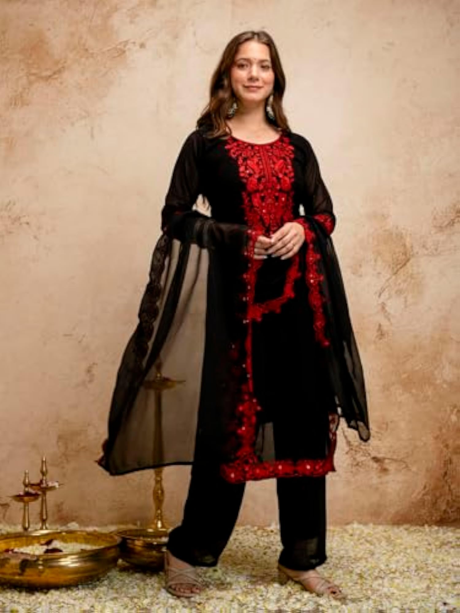 Women's Embroidered Georgette Kurta Pant Dupatta Set, A-Line