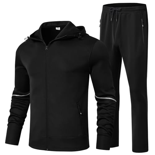 BGOWATU Men's Tracksuits Set Fall Winter Jacket Hoodie Sweatsuit Running Sport Pants Jogging Suits with Pockets Black XL