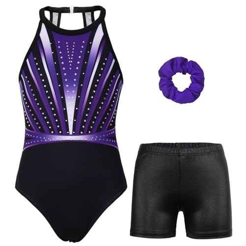 Gymnastics Leotards for Girls With Shorts Sparkly Ballet Dance Clasp Back Activewear Deep Violet Diamond 12-13 Years