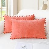 CaliTime Throw Pillow Covers Decorative 20 X 12 Inches Pack of 2 Cozy Solid Dyed Soft Chenille Cushion Cases with Pom Poms for Couch Sofa Bed Living Room Home Living Coral