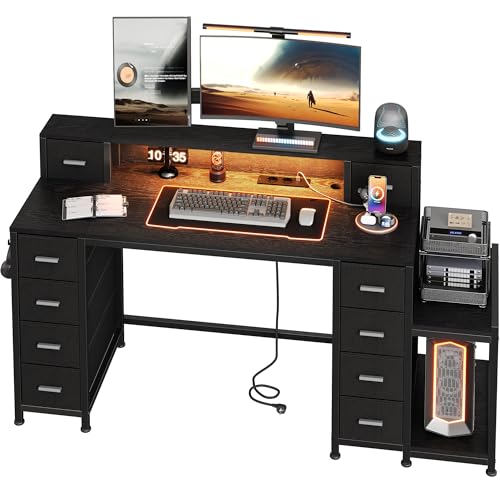 Hzuaneri Schreibtisch, 128 x 48 cm Gaming-Tisch, Computertisch mit LED, 2 Steckdosen + USB + Typ-C Anschluss, 10 Schubladen und Monitorständer, Gaming Schreibtisch für Büro Schwarz CD61004XEU