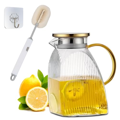 1,8 L Pichet à Eau en Verre Borosilicate, Cruche en Verre avec Couvercle et Anse, Pichet à Thé Glacé, Carafe d'eau pour Porte de Réfrigérateur, Carafe à Eau en Verre pour Boisson Chaudes & Froides (B)