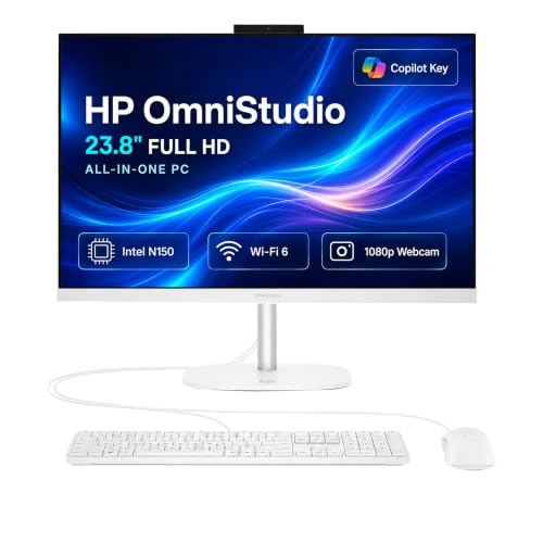 Image of HP OmniStudio 24 inch All-in-One Desktop, Intel N150 Processor, 8GB DDR5 | 128GB UFS Storage, FHD Non-Touch, Wi-Fi 6, Bluetooth 5.4, 1080p Webcam, Keyboard & Mouse, Windows 11 Home, Cashmere White