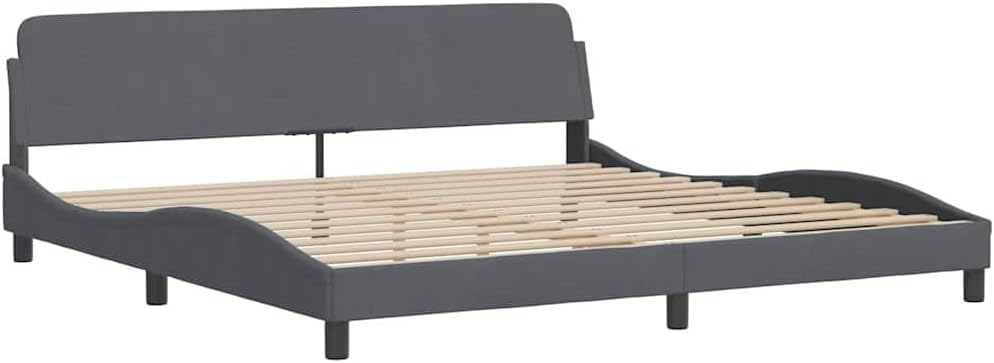 Modern Dark Grey Velvet Bed Frame with Sturdy Pine Wood Platform, Slatted Foundation, Easy Assembly for Bedroom Mattress Support, Durable Heavy-Duty Frame with Nonslip Design