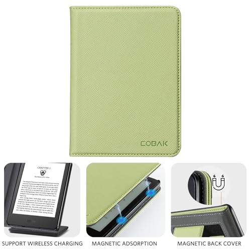 Image of CoBak Case for 6 inch E-Reader - PU Leather Smart Cover with Auto Sleep /Wake & Hand Strap, not Compatible with Kobo Clara, Matcha Green