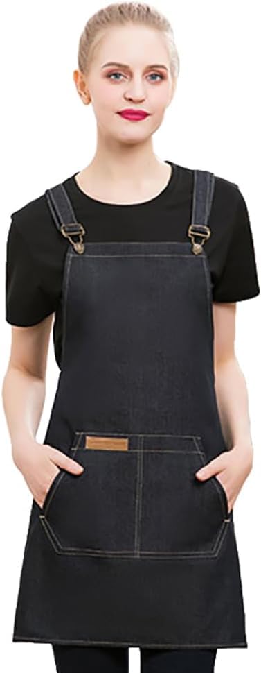 JOYAIYI Denim Apron Chef Apron Kitchen Apron Cross-Back Bib Apron,for Men and Women,with 2 Pockets,Adjustable (black)