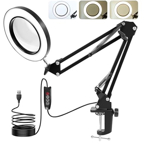 Paradmas Desk Lamp with Lighting Magnifying Glass: 10x Magnifying Glass Light with 3 Color Modes and 10 Levels of Dimming Cover