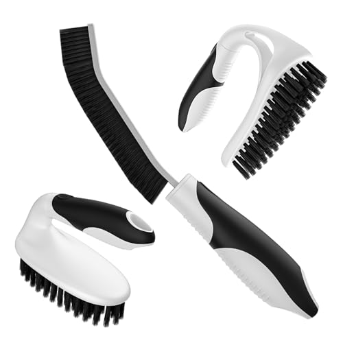 Cleangor Lot de 3 Brosses de Nettoyage, 2 Brosses Nettoyage Salle de Bain avec Manche Ergonomique et 1 Brosse à Joints, Brosse à Récurer pour Salle de Bain, Cuisine, Baignoire et Sol (3, Noir)