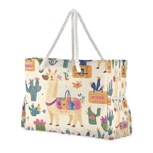 Llama and Cactus Beach Bag & Travel Tote Bag Large Sandproof with Zipper Closure, Wet Pouch for Swim Gym Travel, Lightweight Foldable Outdoor Bag