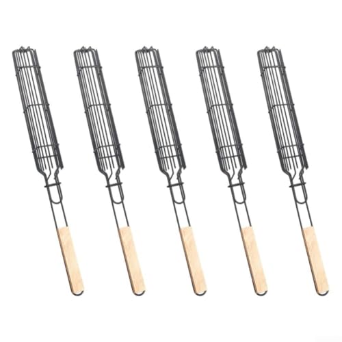 Lot de 5 paniers de barbecue avec poignée en bois – Cage de cuisson en acier robuste pour hot-dogs, saucisses, viandes – Antiadhésif verrouillable pour barbecue avec clips pour cuisine en plein air