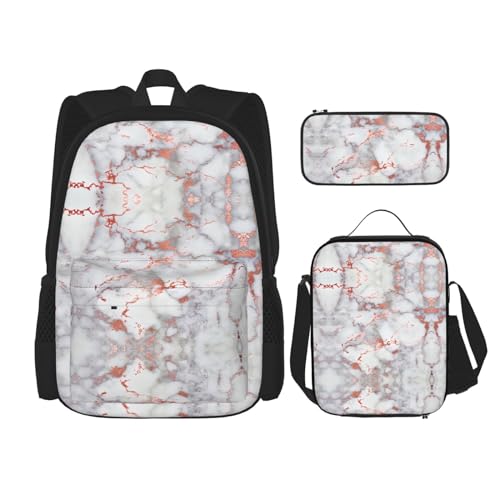 Sac à dos marbré blanc et or rose WURTON avec trousse à crayons et sac à déjeuner noir
