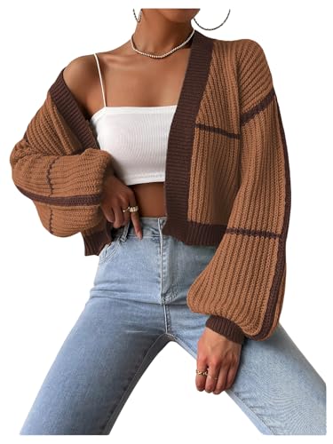 COZYEASE Women's Color Block Crop Cardigan Top Bishop Long Sleeve Striped Open Front Sweater Coffee Brown Large