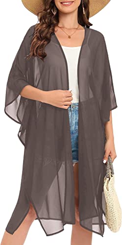 Image of Indian Trendy Women's Solid Puff Sleeve Kimono Long Cardigan Loose Cover Up Casual Blouse Top Chiffon