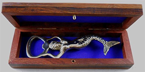 Solid Brass Mermaid Bottle Opener In Wooden Box With Inlaid Anchor #TOP1