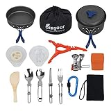 Bisgear 17pcs Camping Cookware Stove Carabiner Canister Stand Tripod Folding Spork Set Outdoor Camping Hiking Backpacking Non-Stick Cooking Picnic Knife Spoon Wine Opener