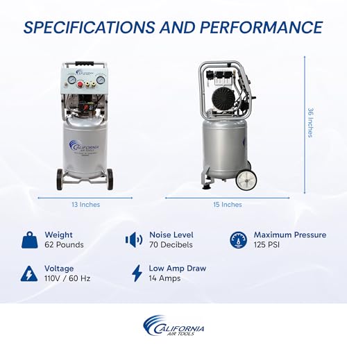 California Air Tools CAT-10020AC 2.0 HP Ultra Quiet, Oil-Free, Lightweight Air Compressor with Wheels, 10 Gallon Tank Capacity, 70 dB Noise Level, Electric, Portable