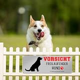 Yezirzax Vorsicht Freilaufender Hund, 2 Stück 25x10cm Achtung Hund Schild, Vorsicht Bissiger Hund Schild Warnschild Hund Aluminium mit Selbstklebend und Vorgebohrten Löchern